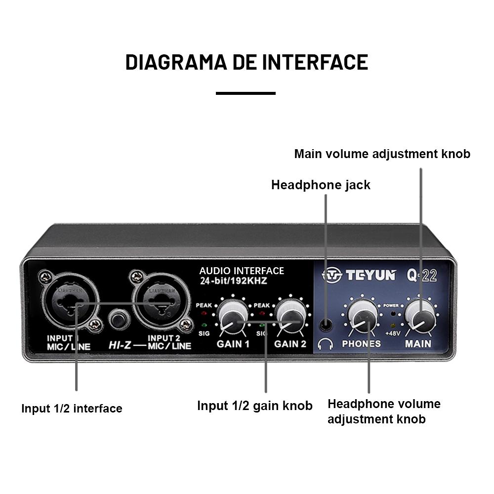 Interface de Áudio 24-bit a 192KHz - Mixer 2 In 2 Out - Teyun