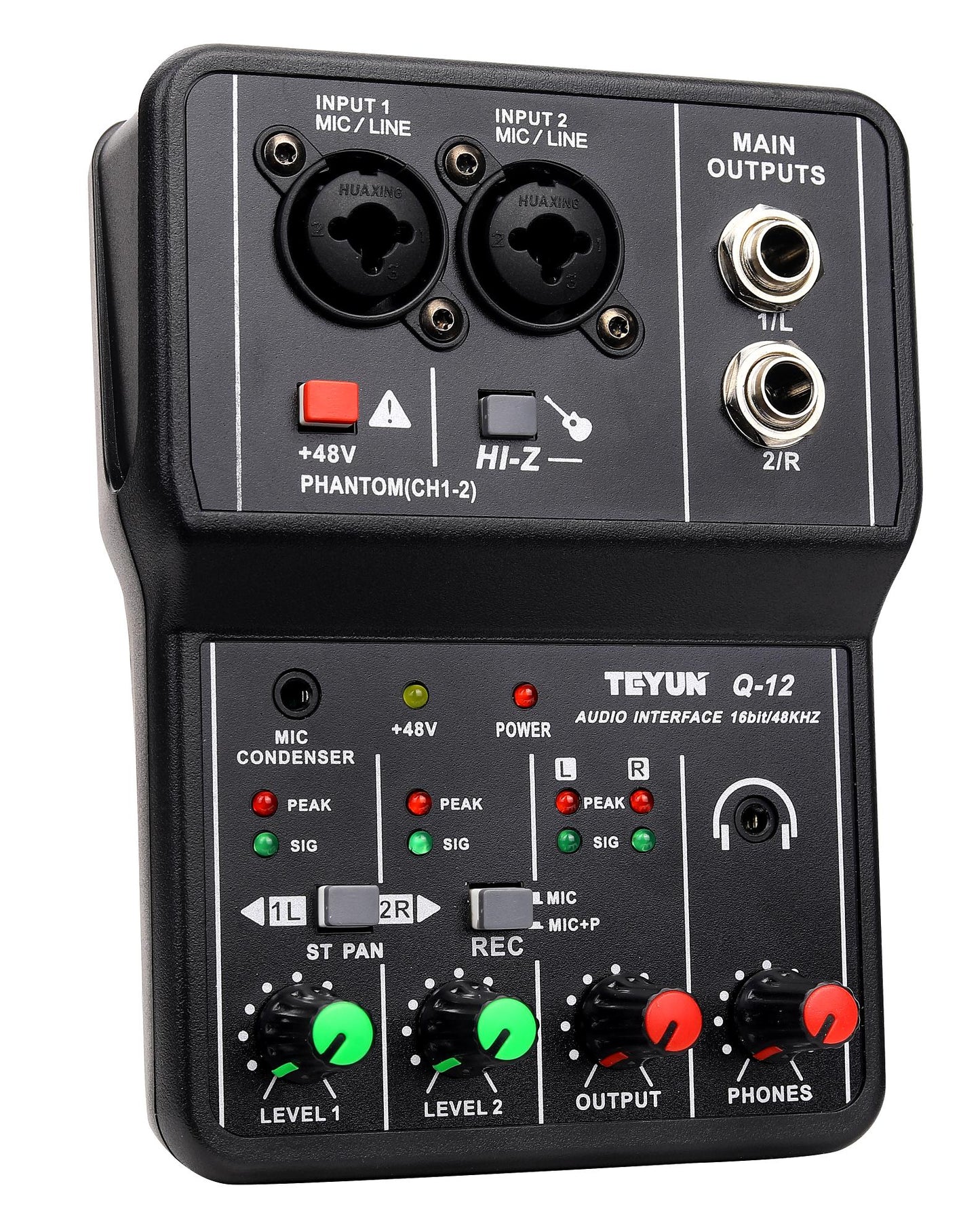 Interface de Áudio 2 Canais - Placa de Som para Mixer - 48v Phantom - Teyun