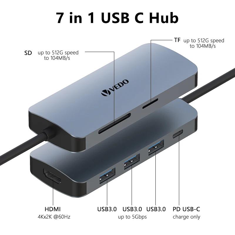 Hub USB-C 7 em 1 - Adaptador SD TF Portas HDMI USB-A B e C - Vedo