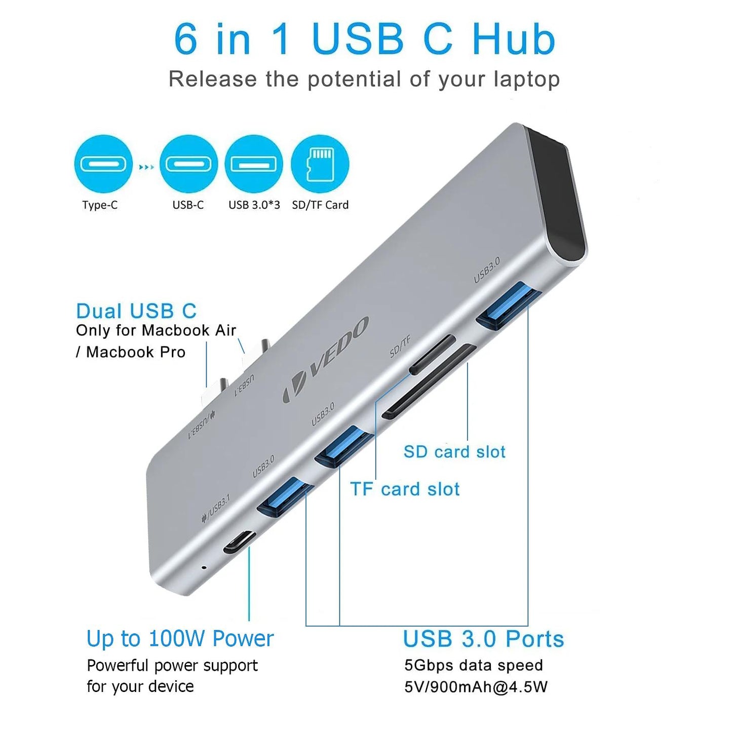 Hub USB-C 6 em 1 - Adaptador para MacBook Air 13 SD TF USB-C USB 3.0 Micro SD - Vedo