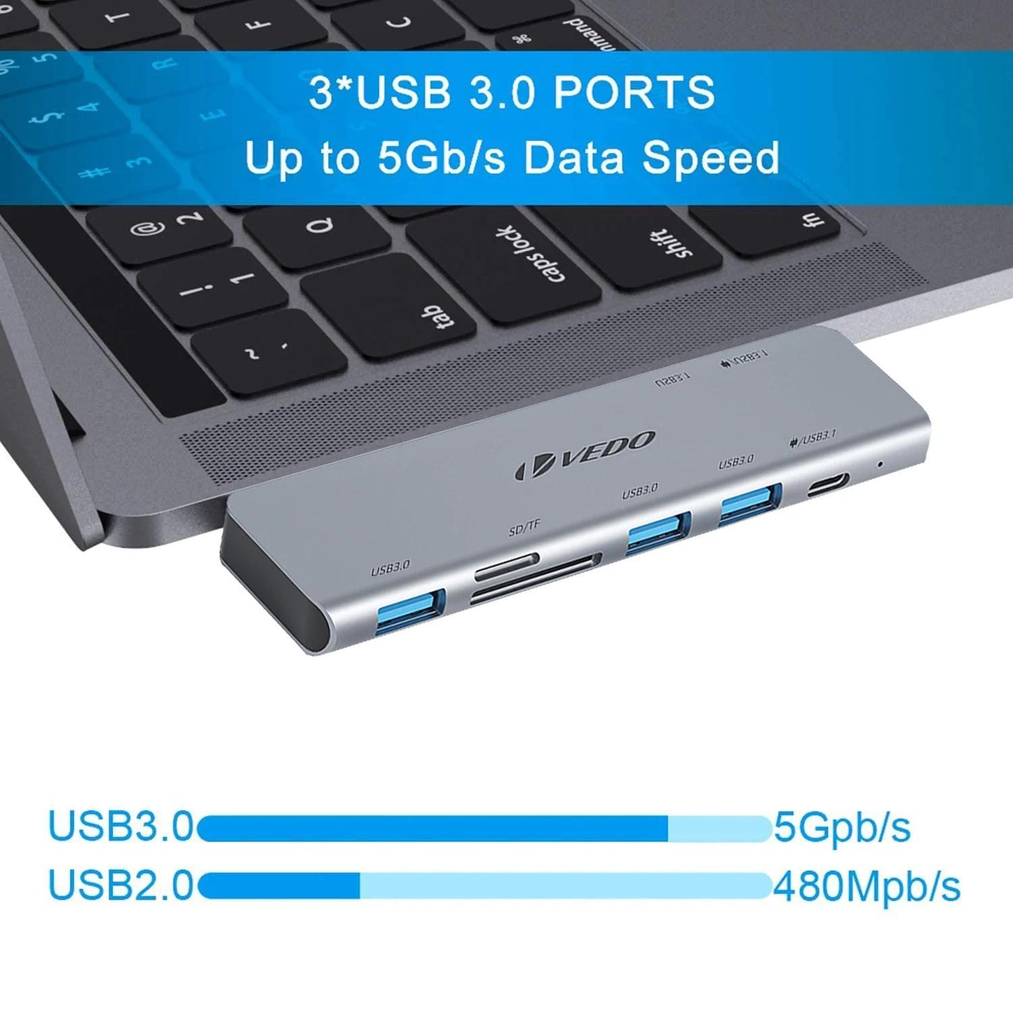 Hub USB-C 6 em 1 - Adaptador para MacBook Air 13 SD TF USB-C USB 3.0 Micro SD - Vedo