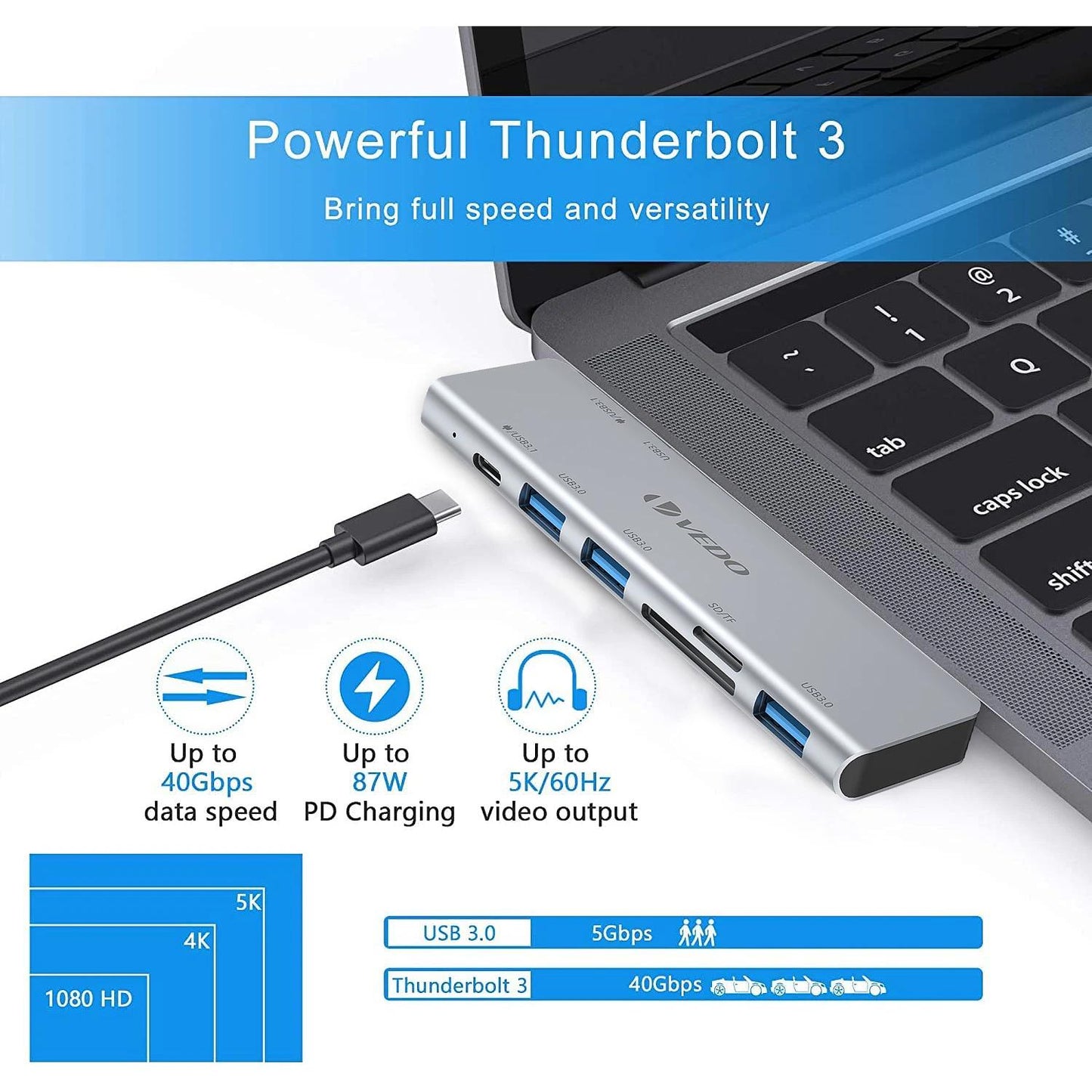 Hub USB-C 6 em 1 - Adaptador para MacBook Air 13 SD TF USB-C USB 3.0 Micro SD - Vedo