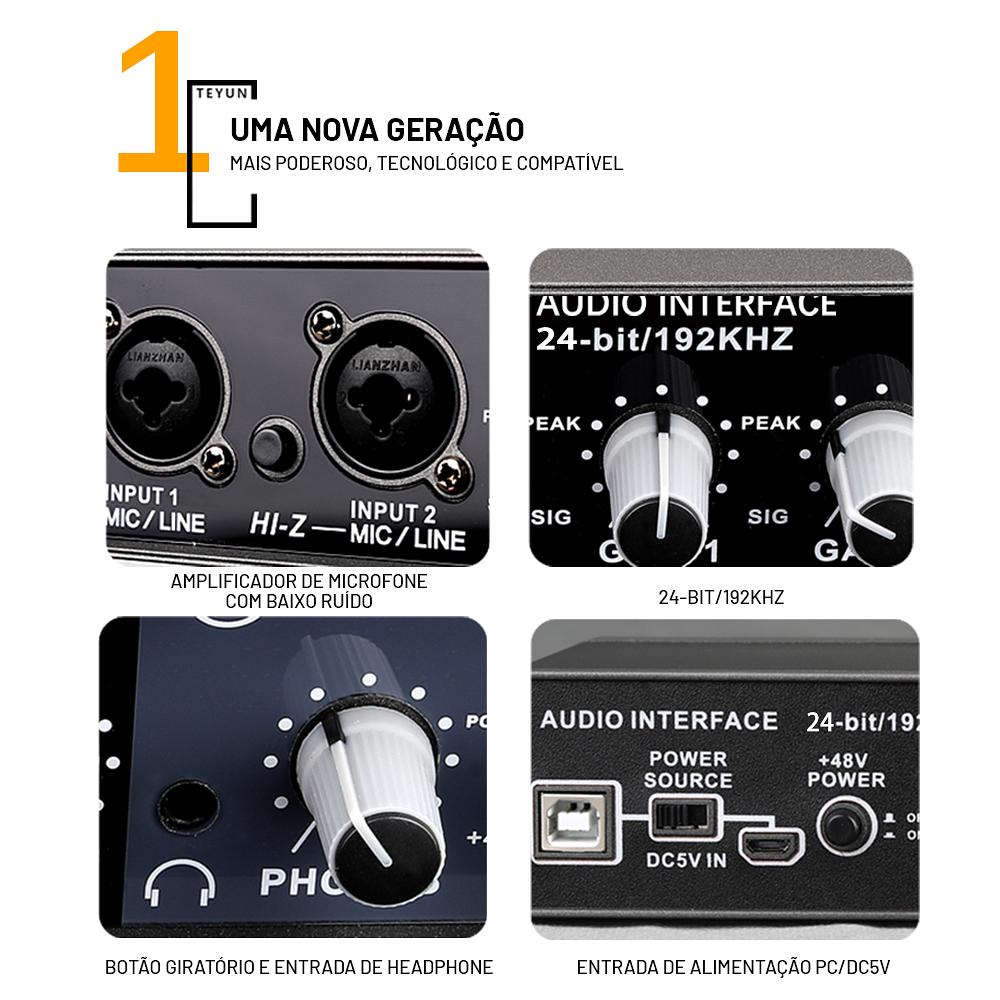 Interface de Áudio 24-bit a 192KHz - Mixer 2 In 2 Out - Teyun