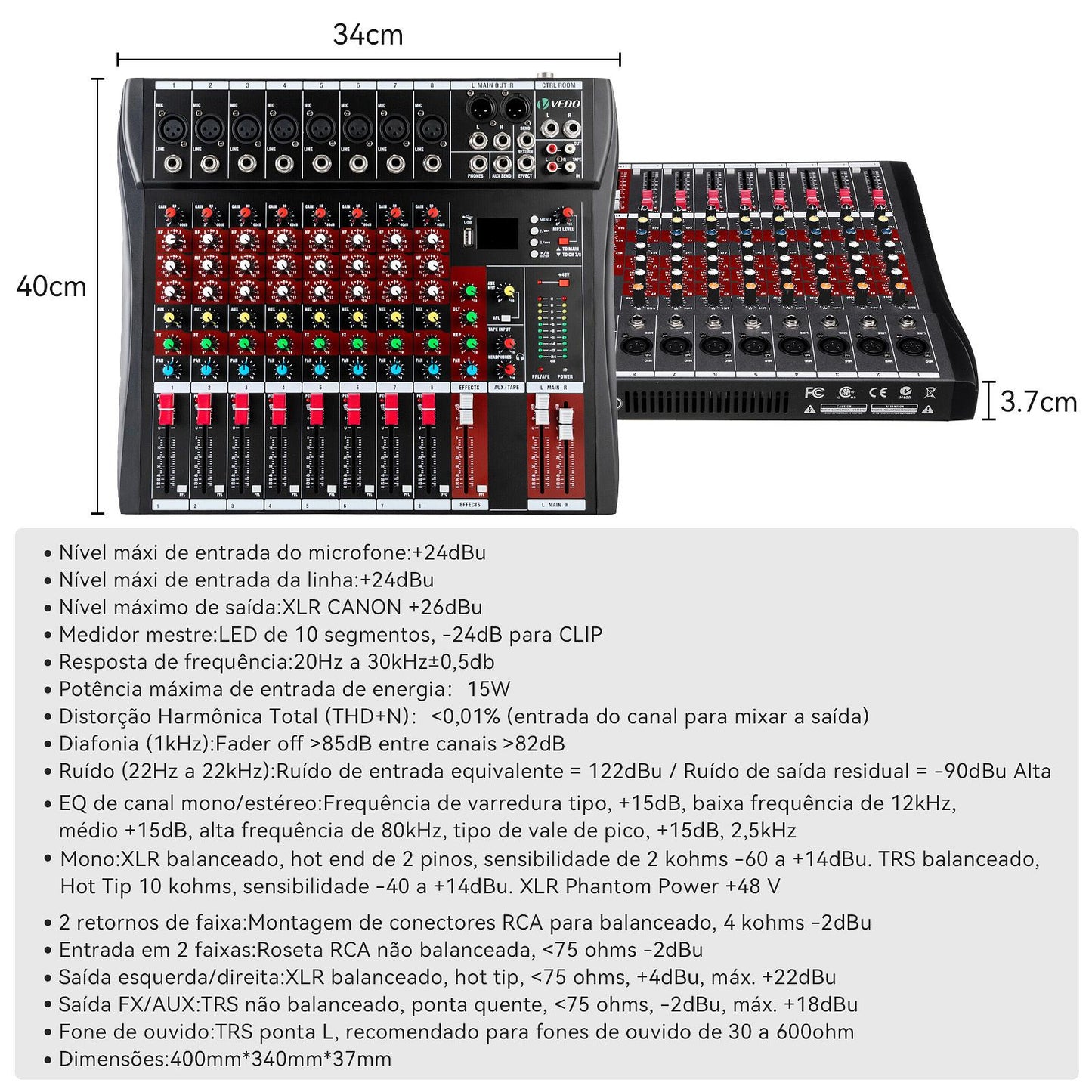 Mesa de Som Profissional de 8 Canais - Vedo