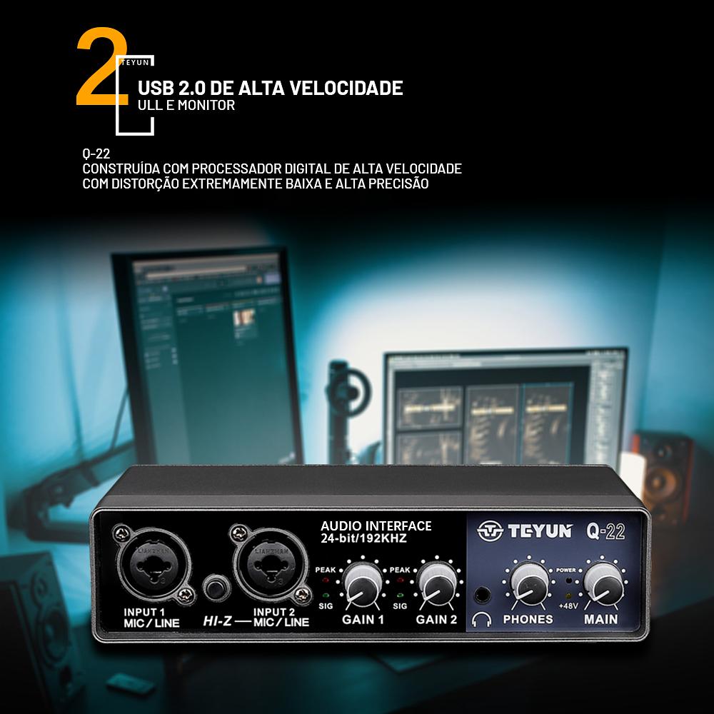 Interface de Áudio 24-bit a 192KHz - Mixer 2 In 2 Out - Teyun