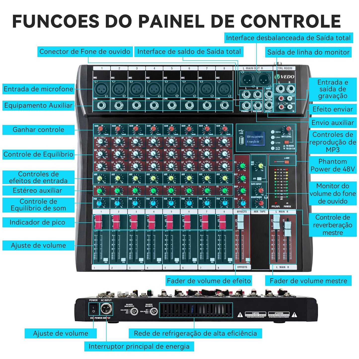 Mesa de Som Profissional de 8 Canais - Vedo