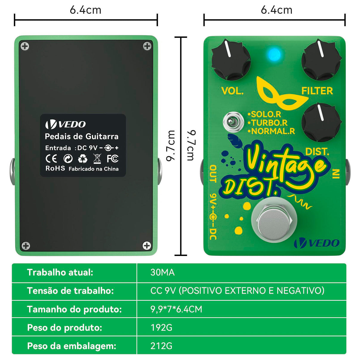 Pedal de Efeito Distorição Vintage de Guitarra - Vedo