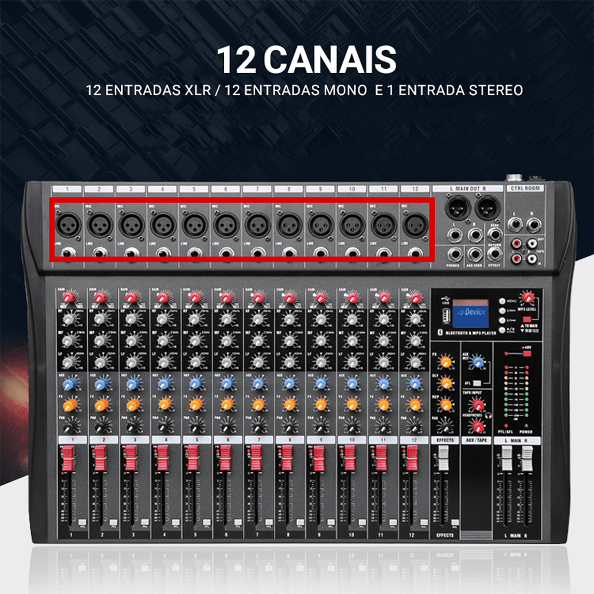 Mesa de Som Profissional Mixer de 12 Canais - Vedo