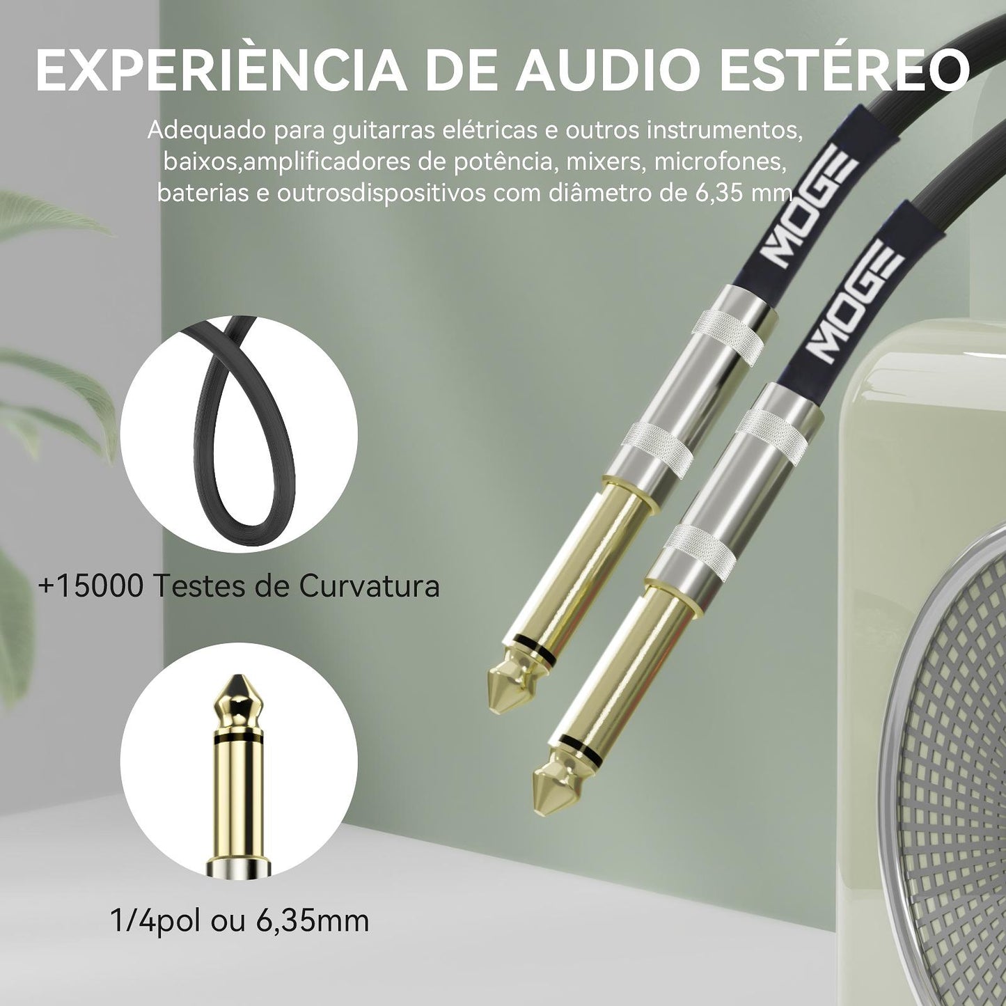 Cabo Blindado de 6,35mm para Instrumentos Musicais Eletrônicos (3 metros)  - Moge