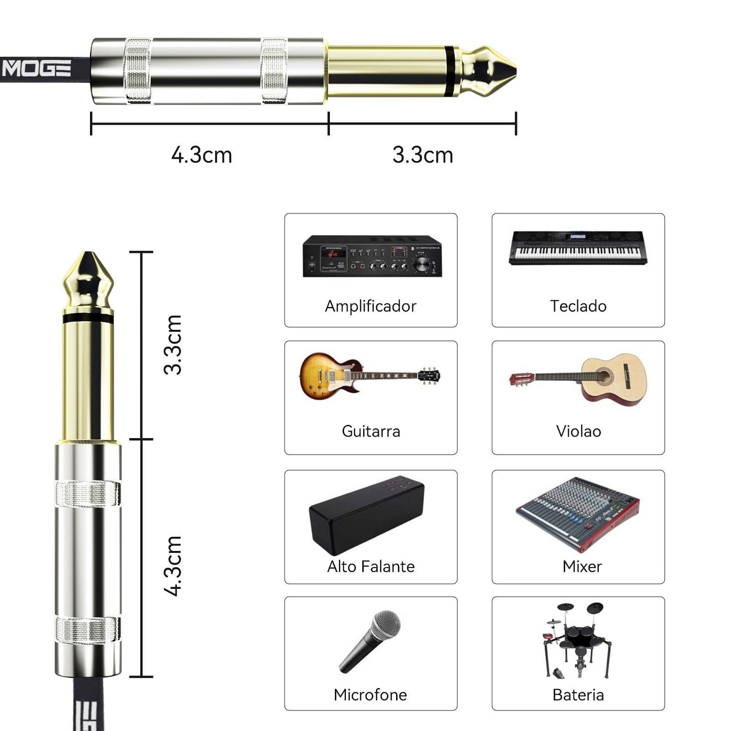 Cabo Blindado de 6,35mm para Instrumentos Musicais Eletrônicos (3 metros)  - Moge