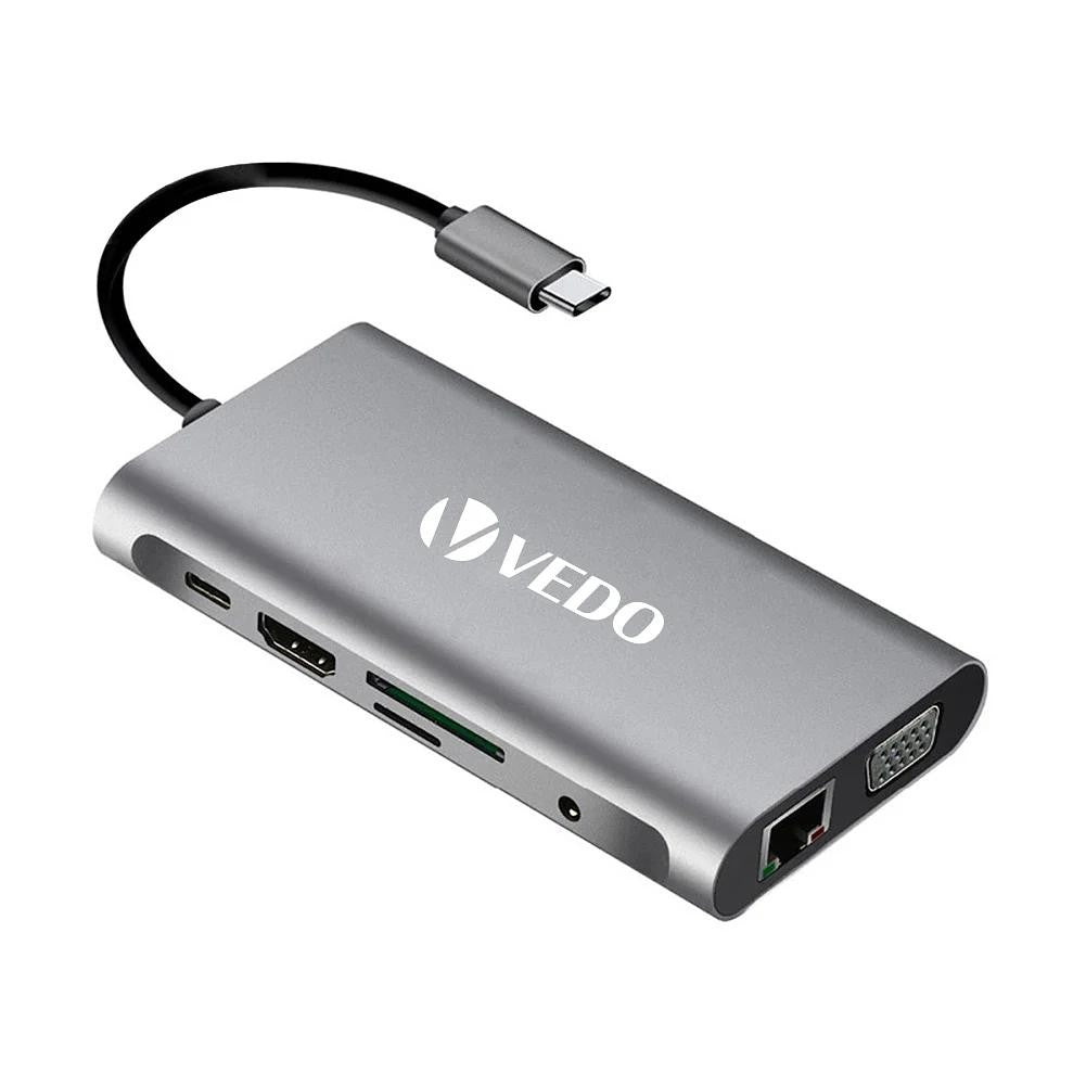 Hub USB-C 10 em 1 - Adaptador SD TF USB-A B e C P2 P3 VGA RJ45 HDMI - Vedo