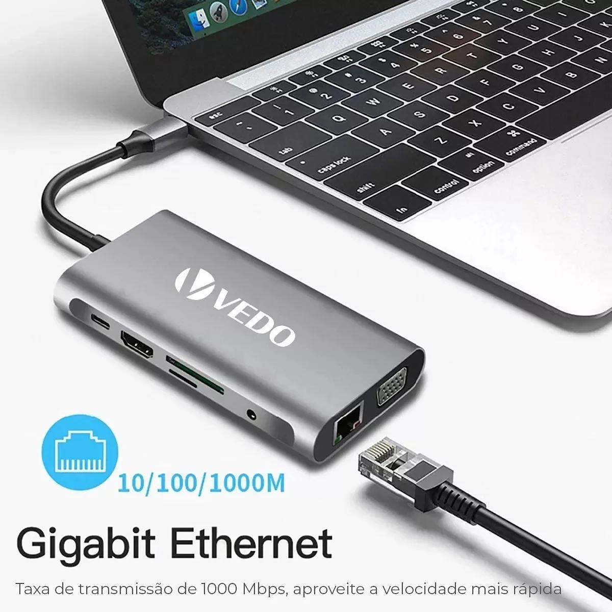 Hub USB-C 10 em 1 - Adaptador SD TF USB-A B e C P2 P3 VGA RJ45 HDMI - Vedo