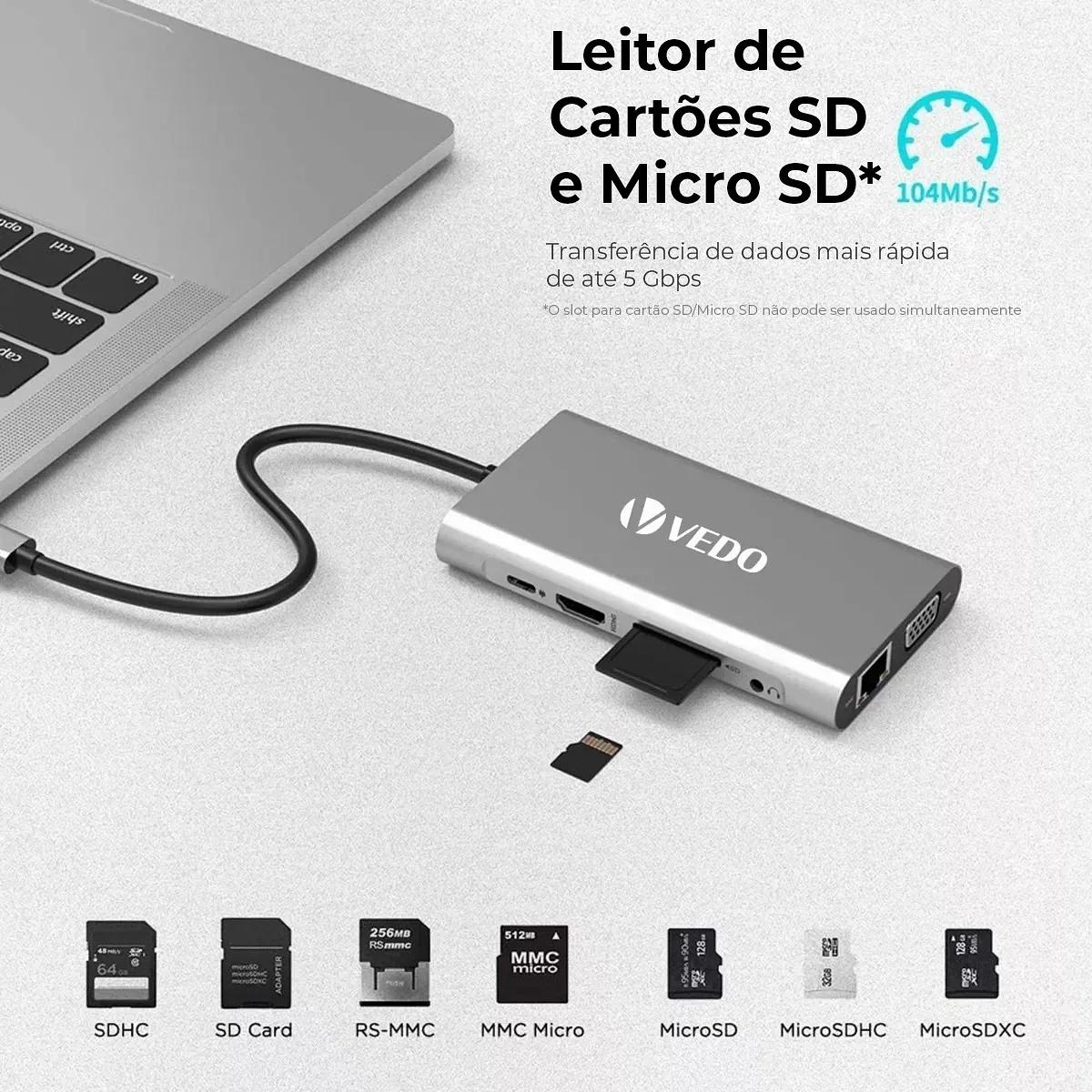 Hub USB-C 10 em 1 - Adaptador SD TF USB-A B e C P2 P3 VGA RJ45 HDMI - Vedo