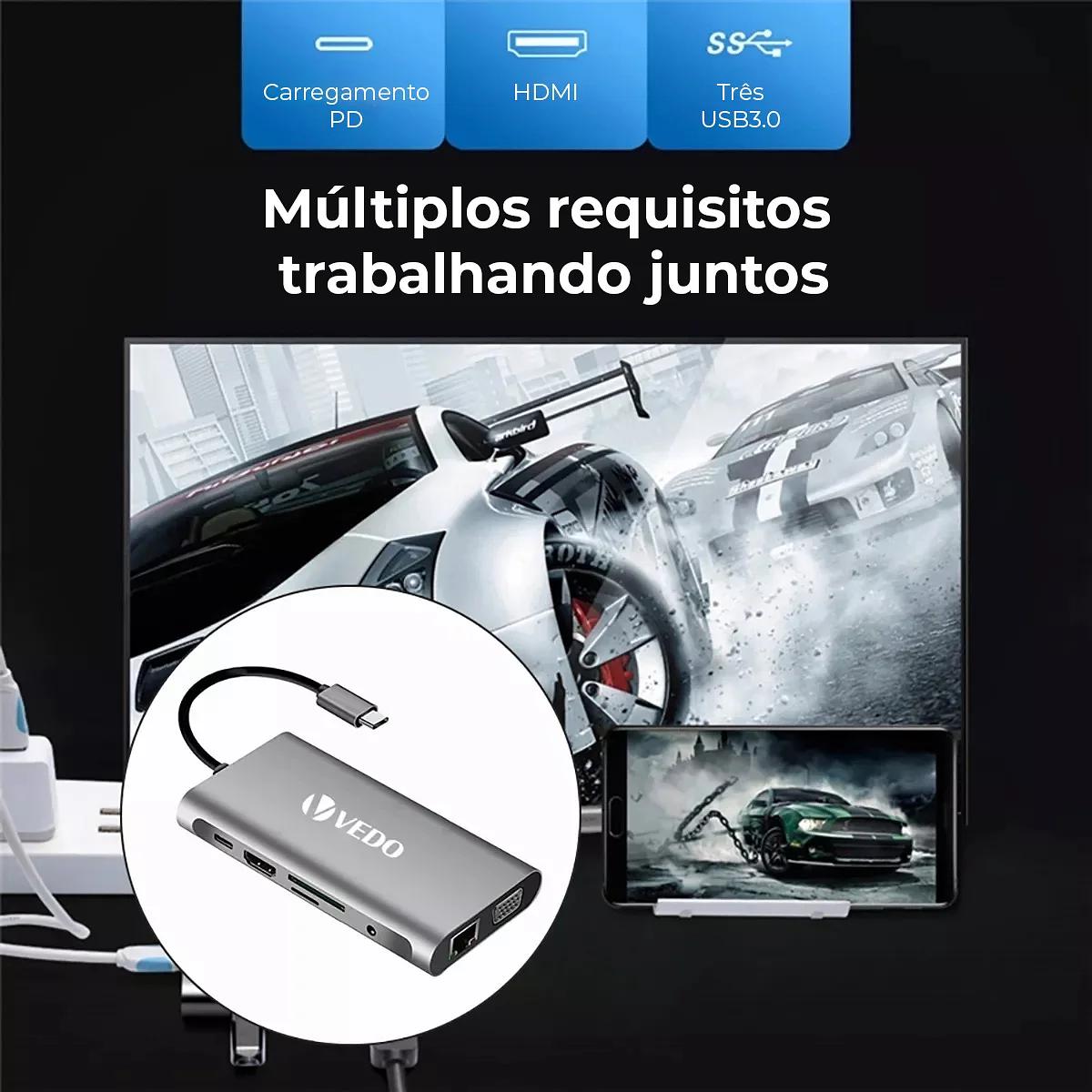 Hub USB-C 10 em 1 - Adaptador SD TF USB-A B e C P2 P3 VGA RJ45 HDMI - Vedo